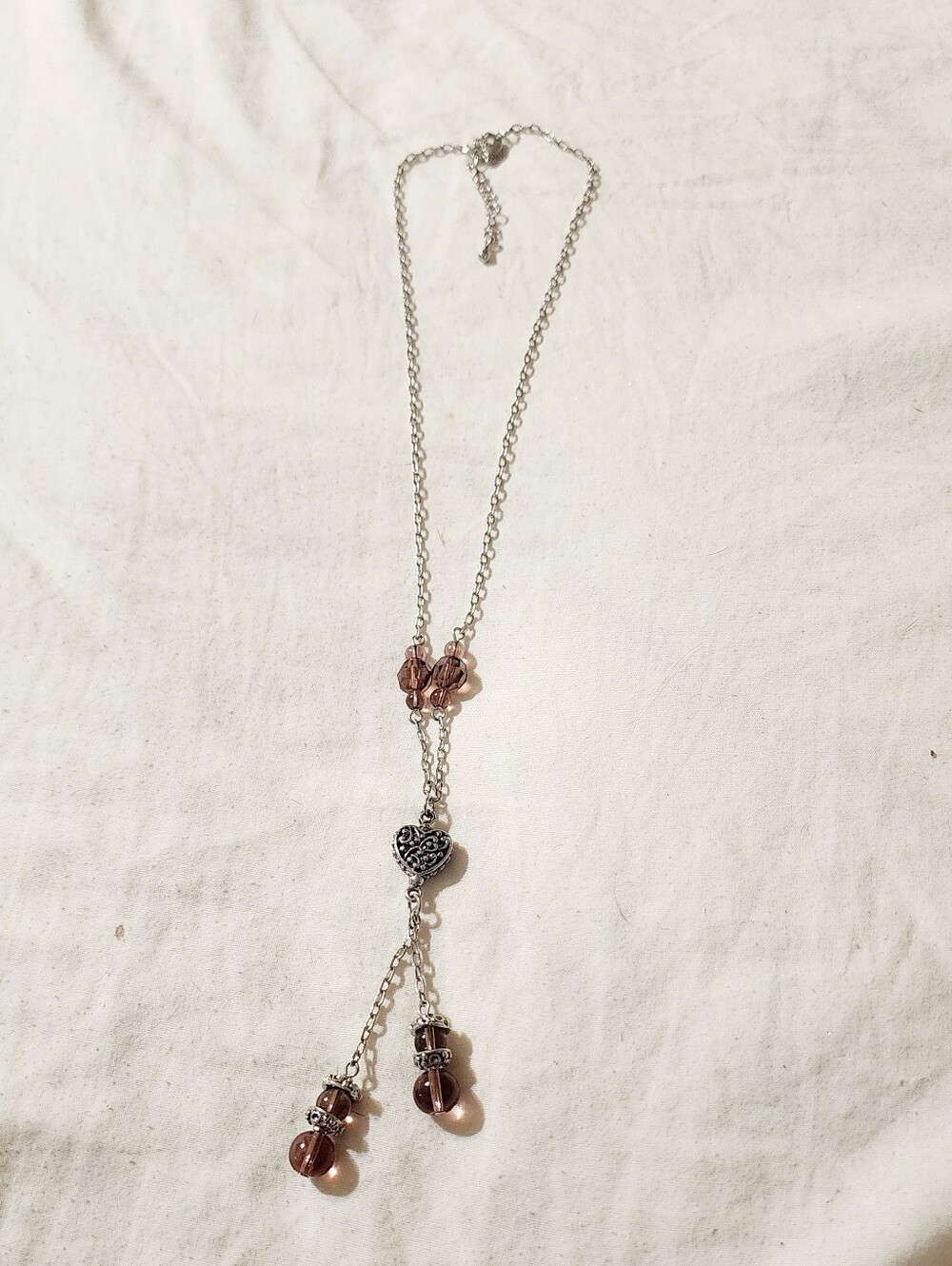 Silver-Tone Heart Lariat Necklace with Pink Glass Drops